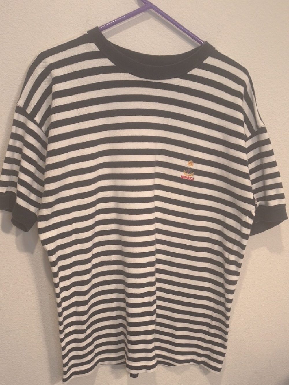 Striped Short Sleeve Knit Tee with Bermuda Logo - Black & White L